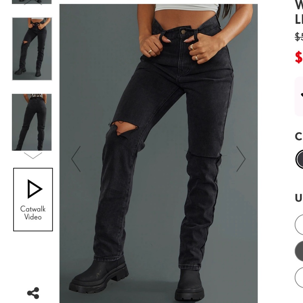 PrettyLittleThing Washed Black Slash Knee Long Leg Straight Leg Jeans, Size 10